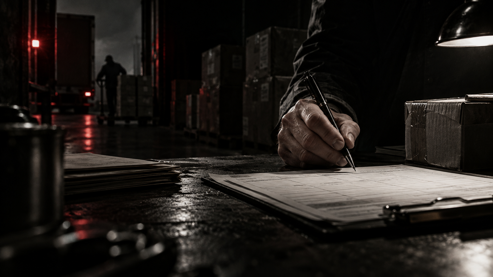Noir artistic interpretation of a hand signing shipping paperwork
